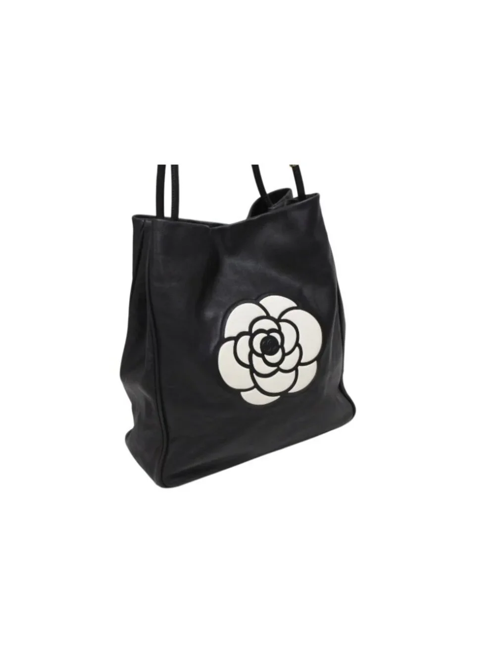 Chanel Camellia Logo Design Bag Black Leather Gold